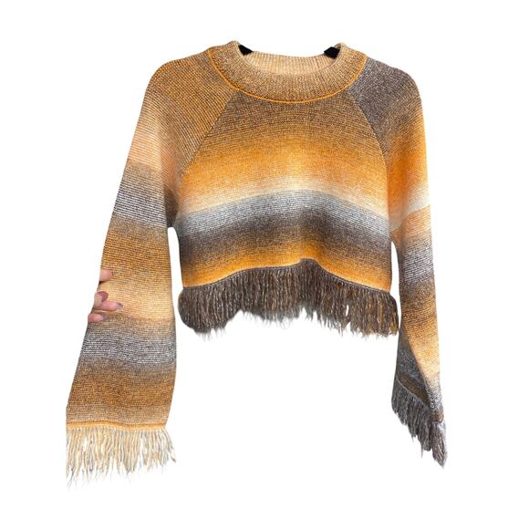 Zara Woman's Cropped Fringe Sweater Orange Brown Fringe Penny Lane Hippie Boho - Picture 1 of 5
